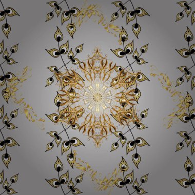 Kusursuz damaske klasik altın desen. Gri, siyah ve sarı renklerde altın desenli altın elementler. Tekrarlayan elementlerle soyut vektör arkaplanı. Vektör illüstrasyonu.
