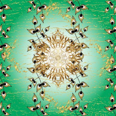 Yeşil, nötr ve mavi renkte desen. Kına dövmeli süs çiçekleri, altın çıkartmalar, mehndi ve yoga tasarımı, kartlar ve parmak izleri. Vektör altın mehndi kusursuz desen.