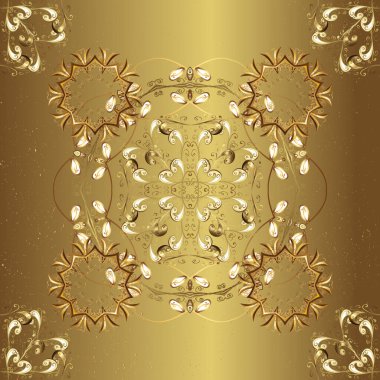 Kahverengi, sarı ve altın elementli nötr renkler. Vektör altın çiçek süsü brokar kumaş ve cam desenli. Kusursuz altın desen. Çiçek desenli altın metal..