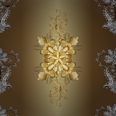 Kahverengi, bej ve nötr renklerde altın kar taneleri. Sembol bayramı, yeni yıl kutlaması vektör altın desen. Kış kar dokusu duvar kağıdı. Noel altın kar taneleri kusursuz desen.