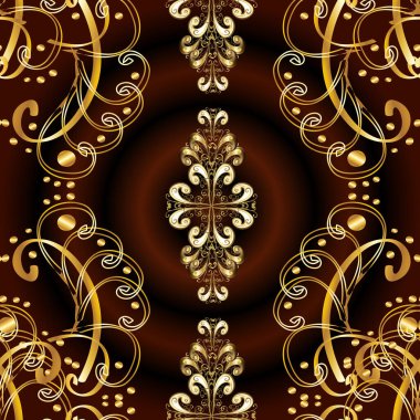 Antika altın tekrarlanabilir duvar kağıdı. Damask pürüzsüz yineleme kalıbı. Kahverengi, siyah ve sarı renklerde altın element. Barok tarzında altın çiçekli süs..