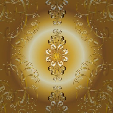 Damask kusursuz yinelenen arkaplan. Barok tarzında altın çiçekli süs. Doku arka planında altın duvar kâğıdı. Sarı, bej ve kahverengi renklerde altın element.