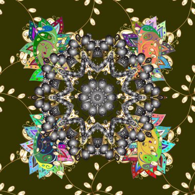 Renkli kar taneleri, kahverengi, gri ve sarı renklerde dekoratif Noel elementi dizayn ederler..