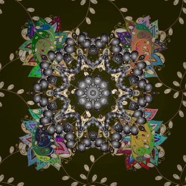 Vektör el yapımı mandala, kahverengi, gri ve sarı renkli soyut desen.