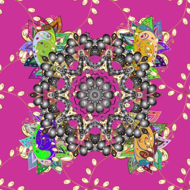 Renkli mandala ile davetiye. Düğün kartı çizimi için vektör deseni. Eflatun, gri ve sarı renkte klasik dekoratif element.