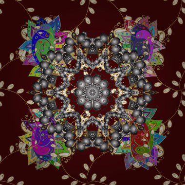 Kahverengi, gri ve sarı renkte mandala. Vektör Yuvarlak Süs Şablonu. Küresel renklerde geometrik daire ögesi. İslam 'ın, Arapça' nın, Hint dinlerinin ruhani ve ayinsel sembolü..