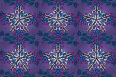 Raster illüstrasyonu. Kusursuz desen. Renkli süs kenarı. Çiçek duvar kağıdı. Mor, mavi ve beyaz renklerde. Hint süsü..