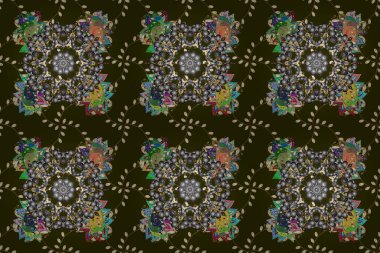 Raster el yapımı mandala, kahverengi, gri ve sarı renkli soyut desen..