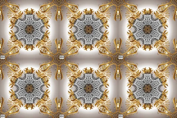 Seamless golden pattern. Golden pattern on brown, yellow and neutral colors with golden elements. Raster oriental ornament.
