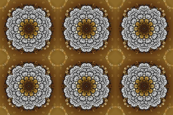 Seamless golden pattern. Golden pattern on brown, yellow and neutral colors with golden elements. Raster oriental ornament.