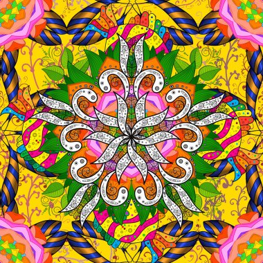 Soyut, etnik, kusursuz bir model. Turuncu, sarı ve yeşil renkli vadi çiçekleri. Çiçekler..