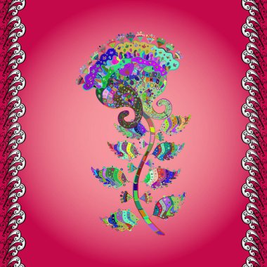 Gömlek baskısı için çiçek boyası. Mor, kırmızı ve pembe renkte çiçekler. Çiçeksiz desenli arka plan.