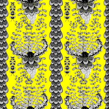 Renkli Bahar Temalı Kusursuz Arkaplan. Modaya uygun kumaş deseni. Sarı, siyah ve gri renkli şirin çiçek desenleri. Düz Çiçek Elementleri Tasarımı.