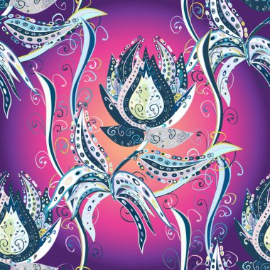 Moda baskıları için zarif bir şablon. Tarafsız, mavi ve pembe renklerde yapraklar ve parlak renkli çiçeklerle şaşırtıcı, pürüzsüz çiçek deseni. Halk tarzı. Modern çiçek arkaplanı.