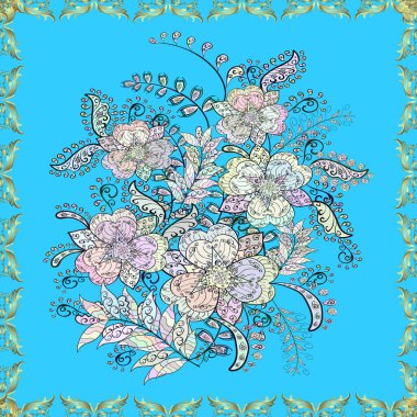 Mavi, gri ve nötr renklerde çiçekler. Kusursuz çiçek deseni yerleştirildi. Renkli Bahar Temalı Kusursuz Arkaplan. Düz Çiçek Elementleri Tasarımı.