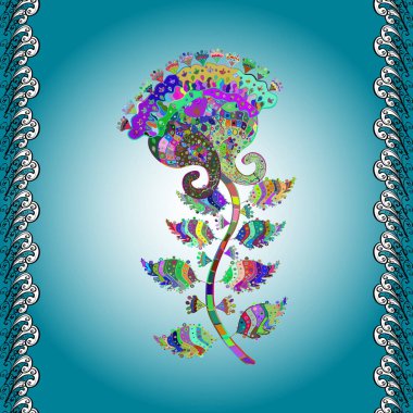 Moda baskıları için zarif bir şablon. Modern çiçek arkaplanı. Halk tarzı. Rengarenk çiçekleri ve yaprakları tarafsız, siyah ve mavi renklerde şaşırtıcı, pürüzsüz çiçek deseni..