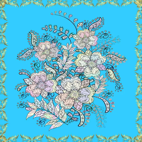 Mavi, gri ve nötr renklerde çiçekler. Kusursuz çiçek deseni yerleştirildi. Renkli Bahar Temalı Kusursuz Arkaplan. Düz Çiçek Elementleri Tasarımı.