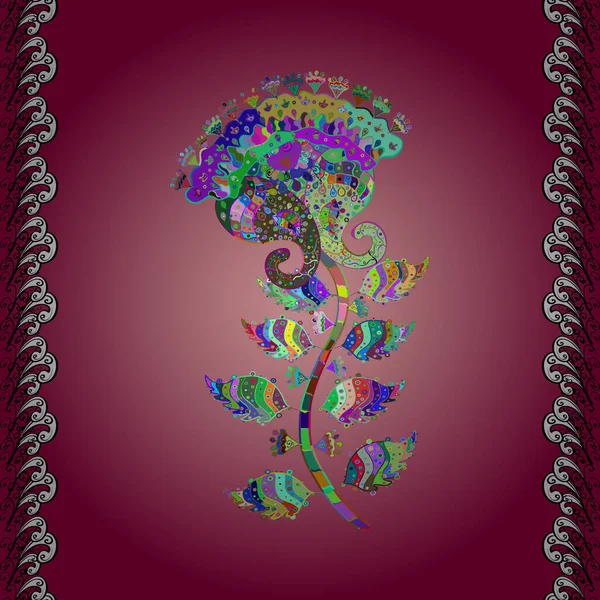 Çiçekli, suluboya desenli kusursuz çiçek deseni. Siyah, mor ve pembe renkte çiçekler. Renkli Bahar Temalı, pürüzsüz bir arka plan. Düz Çiçek Elementleri Tasarım illüstrasyonu.