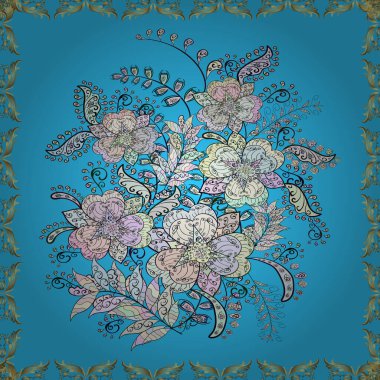 Suluboya, elle çizilmiş. Kusursuz bir arka plan modeli. Vadinin çiçekleri tarafsız, gri ve mavi renklerde. Vektör - stok.