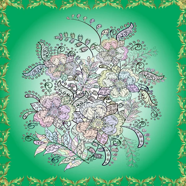 Yeşil, mavi ve nötr renklere karalamalar çizilmiş kusursuz çiçek deseni. Vektör illüstrasyonu.