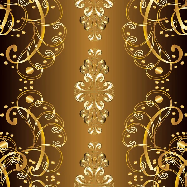 Golden floral ornament brocade textile and glass pattern. Yellow, beige and brown colors with golden elements. Gold metal with floral pattern. Seamless golden pattern.