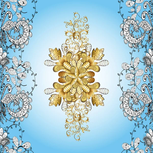 Golden Seamless Pattern Blue Neutral White Colors Golden Floral Elements — Stock Vector