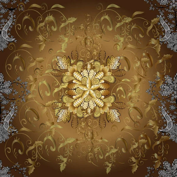 Бесшовный Повторяющийся Рисунок Дамаска Золотой Элемент Коричневом Желтом Бежевом Цветах — стоковый вектор