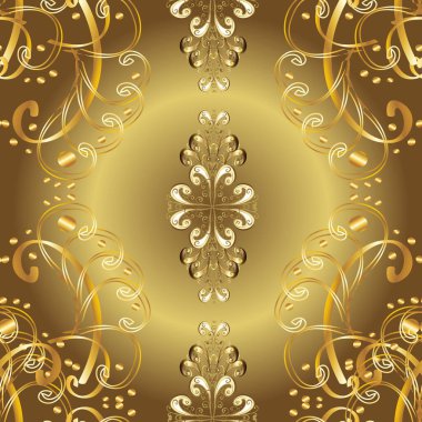 Kahverengi, nötr ve sarı renklerde altın elementlerle klasik, pürüzsüz desen.