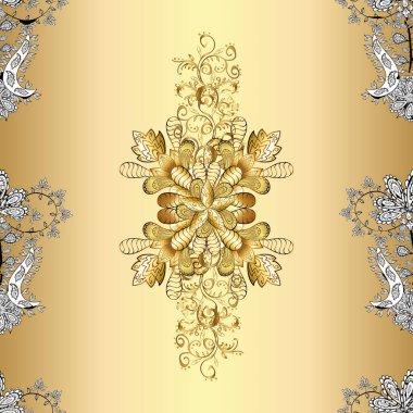 Noel, kar tanesi, yeni yıl 2019. Sarı, beyaz ve bej renklerde, altın elementlerle kusursuz klasik desen.