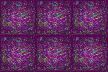 Kusursuz bir arka plan modeli. Raster illüstrasyonu. Yeşil, mor ve mavi yapraklı yabani çiçekler. Suluboya, elle çizilmiş.