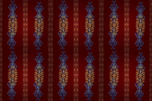 Golden pattern on blue, red and brown colors with golden elements. Raster traditional orient ornament. Seamless classic golden pattern.