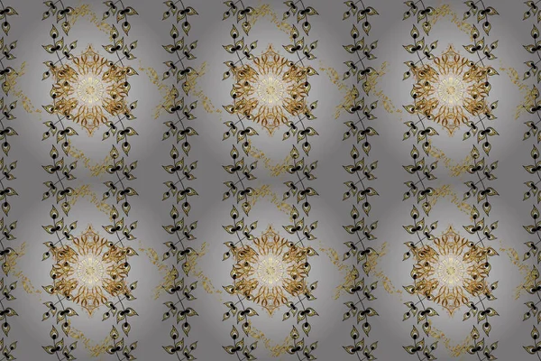 Seamless damask classic golden pattern. Golden seamless pattern on gray, black and yellow colors with golden elements. Raster abstract background with repeating elements. Raster illustration.
