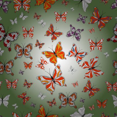 Kelebeklerle dolu yaz arkaplanı nötr, yeşil, gri renkler. Güve ile vektör arkaplanı. Güzel Kelebek Siluetleriyle Moda Dekorasyonu. Kart, Davetiye ve Yazdırma İçin Basit Kadınsal Desen