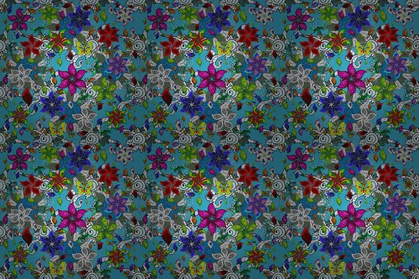 Naadloze Floral Pattern Raster Illustratie Bloemen Blauwe Groene Neutrale Kleuren — Stockfoto