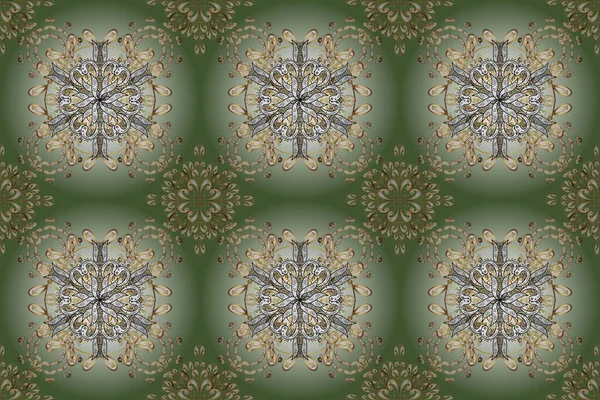 Traditional classic golden pattern. Golden pattern on white, neutral and green colors with golden elements. Seamless oriental ornament in the style of baroque. Raster oriental ornament.
