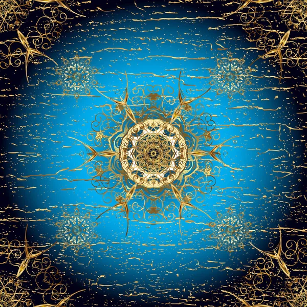 Golden pattern on beige, blue and black colors with golden elements. Ornate vector decoration. Seamless damask pattern background for wallpaper design in the style of Baroque.