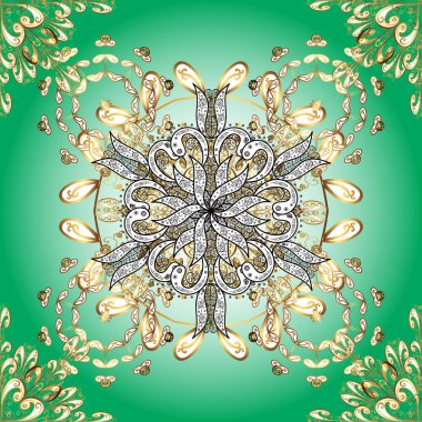 Süslü dantel iz sürücü. Doğu tarzında klasik tasarım öğesi. Duvar kâğıdı için altın süslü bir illüstrasyon. Geleneksel Arap dekoru yeşil ve beyaz renkler üzerine. Çiçek süsü ile kusursuz desen.