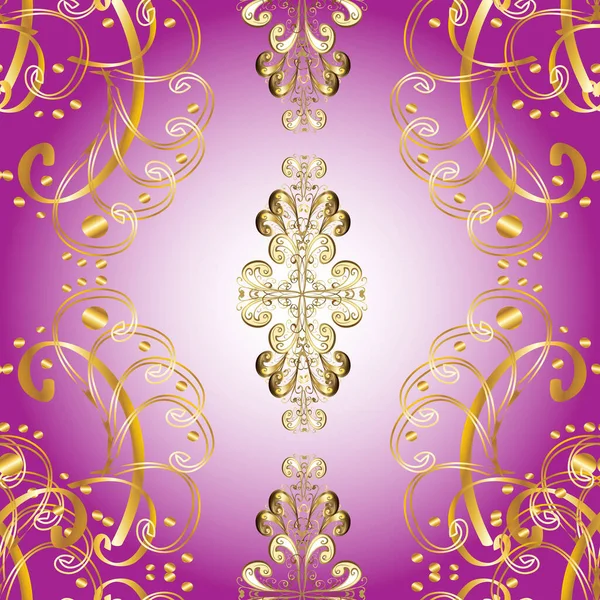 Gold floral ornament in baroque style. Antique golden repeatable wallpaper. Golden element on purple, neutral and violet colors. Damask seamless repeating pattern.