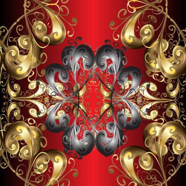 Kırmızı, gri ve kahverengi renklerde altın bir element. Barok tarzında altın çiçekli süs. Damask arkaplanı. Altın çiçekli, pürüzsüz desen.