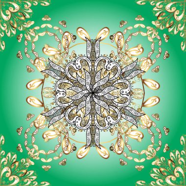 Vektör doğu süsü. Kusursuz altın desen. Tarafsız, beyaz ve yeşil renklerde altın elementlerle kusursuz desen.