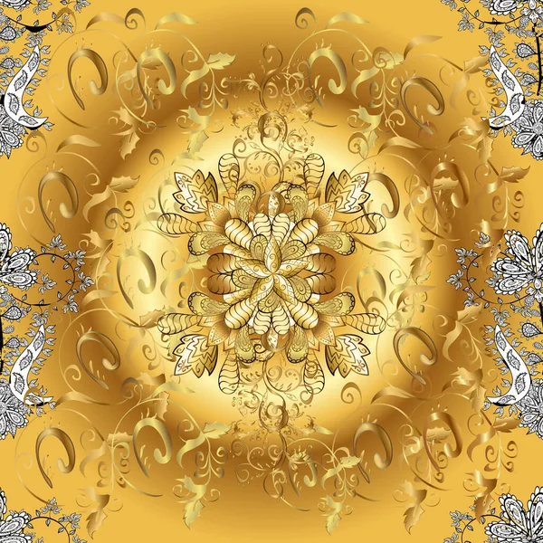 고전적 빈티지 전통적 베이지 노란색을 황금색 무늬에 황금색 원소가 가시없는 — 스톡 벡터