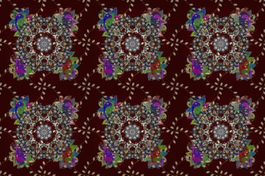 Kahverengi, gri ve sarı renkte mandala. Raster Yuvarlak Süs Şablonu. Küresel renklerde geometrik daire ögesi. İslam 'ın, Arapça' nın, Hint dinlerinin ruhani ve ayinsel sembolü..