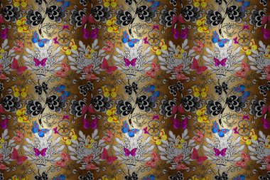 Kelebekli Raster çiçeksiz desen. Kağıt, kumaş ve ambalaj için uygun. Beyaz, gri ve kahverengi renkli çizimler.