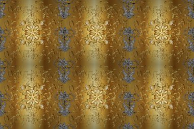 Barok tarzında altın çiçekli süs. Damask arkaplanı. Altın çiçekli, pürüzsüz desen. Sarı, kahverengi ve bej renklerde altın bir element.