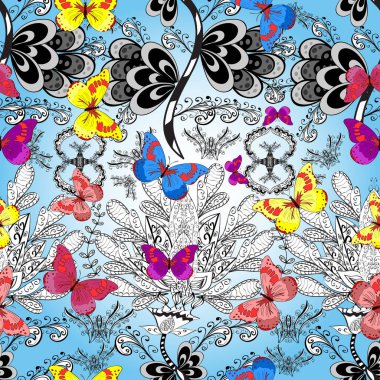 Kelebeklerle parlak, pürüzsüz bir desen. Tarafsız, beyaz ve mavi renkler. Moda Kumaşı Tasarımı. Vektör illüstrasyonu.