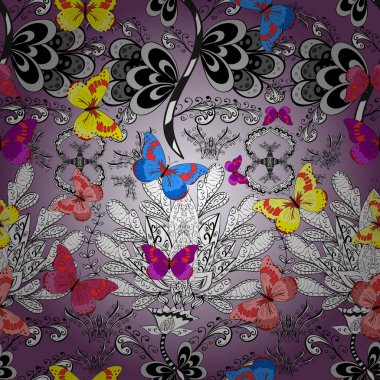 Rastgele, nötr, beyaz ve gri kelebekler sevimli desenler. Tarafsız, beyaz ve gri arka planda kelebek. Davetiye, kart ve parmak izi için basit kadınsı bir model. Kusursuz. Vektör illüstrasyonu.