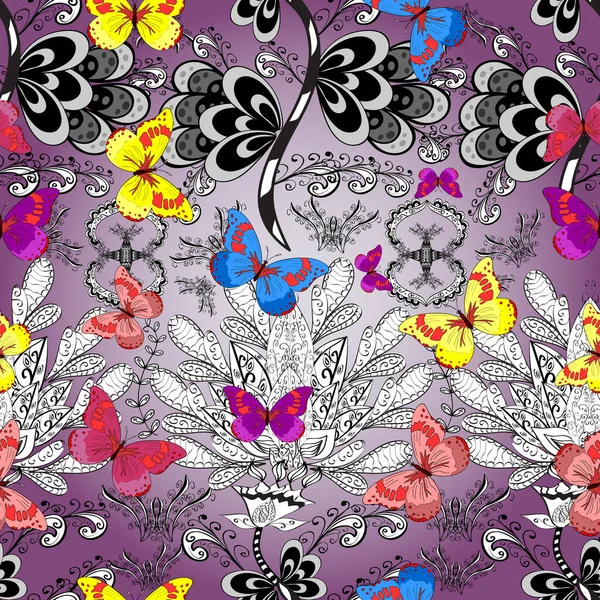 无缝隙植物夏季图案背景灰色 白色和中性的颜色 图片使热带蝴蝶着迷 完美的墙纸 网页背景 表面纹理 纺织品 — 图库矢量图片
