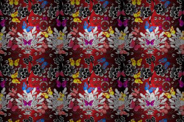 Tekstil baskısı için ekose kelebek. Kırmızı, beyaz ve siyah renklerin çizimi. Karala, karala, karala. Kusursuz desen. Raster illüstrasyonu.