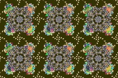 Renkli kar taneleri, kahverengi, gri ve sarı renklerde dekoratif Noel elementi dizayn ederler..