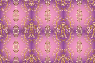Tekrarlayan elementlerle soyut arkaplan. Pembe, mor ve sarı renklerde altın pürüzsüz desen ve altın elementler. Kusursuz, klasik altın desen..